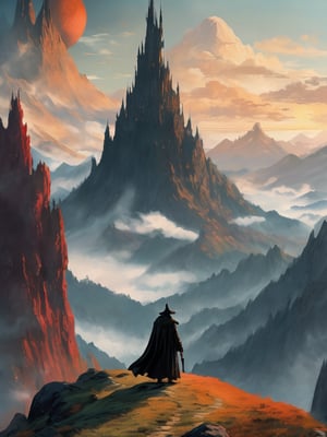 In the foreground of the image, a wizard in a grey robe stands on the edge of a cliff, with a wide wizard hat, next to him stands a short hobbit with curly red hair, epic scene, irregular mountain range, 80s poster, Vintage poster, clouds, (dawn), (huge army under the mountain), ((Lord of the Rings)) movie, ultra-high definition, cinematic quality, masterpiece, high_res, extremely detailed, (bright), (behind the mountain the sky is gloomy where is Dark Tower of Sauron)
