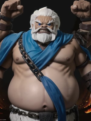 Daruk, (solo:1.2), mature male, chain, white hair, white mustache, blue-pea-eyes, muscular, big belly, sharp teeth, blue cloth, navel