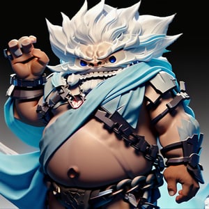 Daruk, (solo:1.2), mature male, chain, white hair, white mustache, blue-pea-eyes, muscular, big belly, sharp teeth, blue cloth, navel,cls_chibi