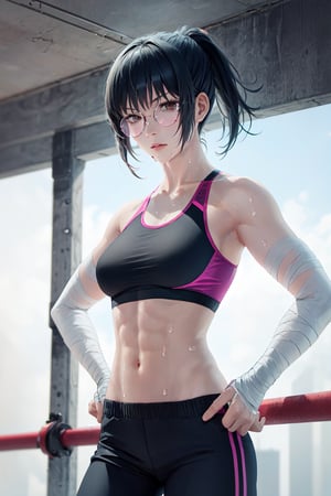 Zenin_Maki, 1girl, solo, looking_at_viewer, navel, medium_breasts, cowboy_shot, sweat, glasses, midriff, pants, hand_on_hip, muscular, bandages, abs, clenched_hand, toned, sports_bra, bandaged_arm, round_eyewear, muscular_female, punching, bandaged_hand
