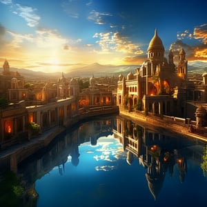 Bright scene, aerial view,ancient city, fantasy, gorgeous light, mirror reflection, high detail, wide angle lens.