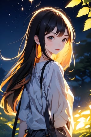 1 girl, portrait, anime style, night light, charming, nature 