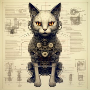 Poster of a mechanical cat, techical Schematics viewed from front.