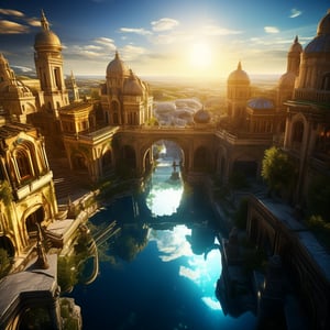 Bright scene, aerial view,ancient city, fantasy, gorgeous light, mirror reflection, high detail, wide angle lens.