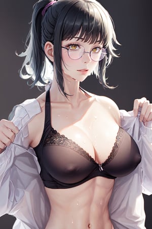 Zenin_Maki, 1girl, solo, large_breasts, simple_background, navel, cleavage, bare_shoulders, underwear, collarbone, jacket, yellow_eyes, upper_body, sweat, parted_lips, glasses, bra, covered_nipples, muscular, abs, undressing, black_bra, toned, muscular_female