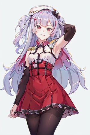 ajax, Light purple hair,red eyes,two_side_up,long hair,hairclip,white beret,sleeveless blouse,red high waist skirt,black armcover,black pantyhose,white capelet,loafers,white shirt, 