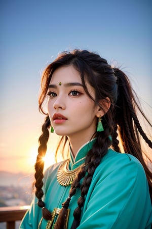 Protrait, photograph, androgynous hunnuman, oval jaw, delicate features, beautiful face, dreadlocked hair, long bangs, long ponytail, bright blue-green eyes, hindu art, Korean