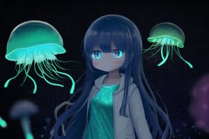 a girl, (glowing stars through the air:1.1), (many glow Jellyfish:1.1), blurry background, bokeh, depth of field, starry skyline, far from city, alone, fearful, hopeless, magic, magical, fantastic, dark hue, haze