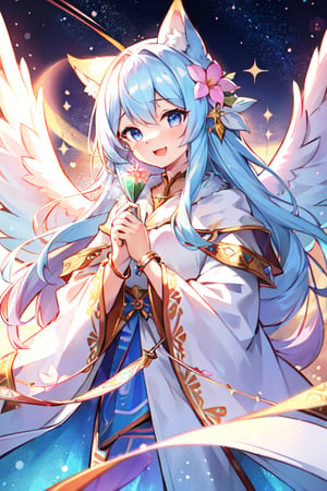 furry,girl,cute,masterpiece, best quality, 1 male, adult, tall muscular, handsome, pastel color long hair, fantasy, complex pattern, detailed face, angel wings, lens flare, colorful, glow white particles, white robe, gold bracelets and accessories, prism, glowing, glitter, particles, bloom, likes to celebrate and have fun, enjoys nature, bright and optimistic outlook, creative and adventurous spirit, represents happiness and harmony