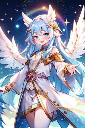 furry,girl,cute,masterpiece, best quality, 1 male, adult, tall muscular, handsome, pastel color long hair, fantasy, complex pattern, detailed face, angel wings, lens flare, colorful, glow white particles, white robe, gold bracelets and accessories, prism, glowing, glitter, particles, bloom, likes to celebrate and have fun, enjoys nature, bright and optimistic outlook, creative and adventurous spirit, represents happiness and harmony