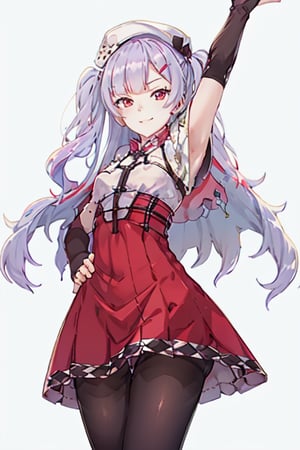 ajax, Light purple hair,red eyes,two_side_up,long hair,hairclip,white beret,sleeveless blouse,red high waist skirt,black armcover,black pantyhose,white capelet,loafers,white shirt, 