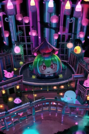 multicolored hair, haunted theme park, haunted by chibi ghosts, cute, whimsical, glow, glowing, fun, silly, mystical