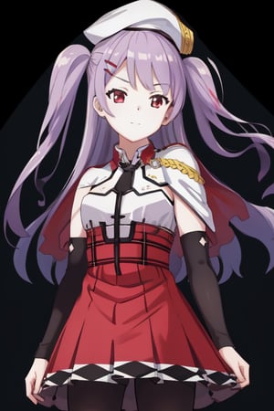 (hyper extreme detailed),(masterpeace),(hyper extreme),(photorealistic),CG,(colour:1.2), beautiful lighting,light from the front, ajax, Light purple hair,red eyes,two_side_up,long hair,hairclip,white beret,sleeveless blouse,red high waist skirt,black armcover,black pantyhose,white capelet,loafers,white shirt, solo,