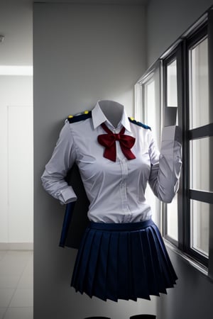 1girl, solo, upper body, looking at viewer, ((jk)), ((school uniform)), tight, faceless, invisible, ((((no humans)))), (headless), amputee, quadruple amputee, school, skirts