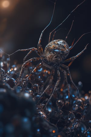 Cyborg style ,An enchanting 8K macro image of a dewdrop perched on a spider web's silk threads, with the intricate design of the web and the spider's elaborate trapdoor entrance visible in the background