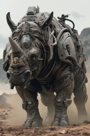 A formidable 8K image of a cyborg rhinoceros charging through a war-torn landscape, its left side replaced by advanced cybernetics that feature realistic skin textures and integrated heavy weaponry.The rhino's organic right eye bears an artificial silver iris, indicating advanced targeting systems and remote-controlled capabilities,Cyborg style 