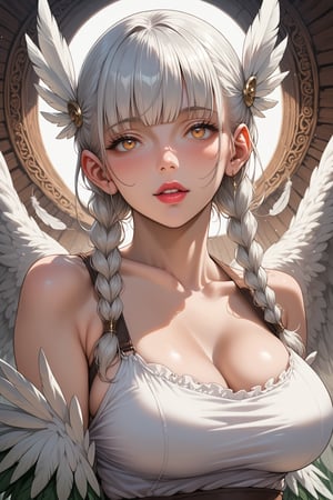 score_9, solo, harpy, large breasts, 1girl, white hair, braids, (feathers, wings), bangs, ear wings, parted lips, full lips, detailed background