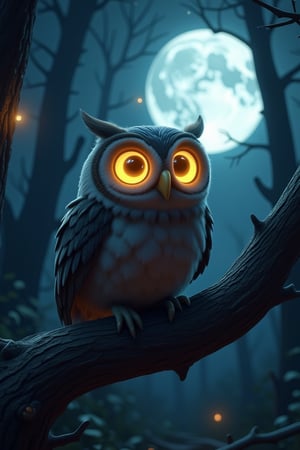 3D render of a wise old owl perched on a gnarled branch in a moonlit forest, its piercing eyes glowing softly in the darkness