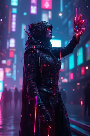 dystopian future city 2047,  a Necro-Hacker female with spectral data trailing from her fingertips. Her high tech cloak is tattered and covered in glitching, digital symbols. Her gleaming eyes flicker with data streams as she manipulates digital glitches in the air. The background is a futuristic neon-lit street, with glitchy figures flickering in the shadows, a significant symbol of inner peace in a fast-moving world. Non-representational, vibrant colors and shapes, expression of feelings, imaginative, highly detailed.