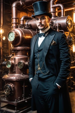 (((Victorian-era inspired, sci-fi, fantastical))), industrial textures, copper accents, intricate clockwork mechanisms, vintage-inspired attire, goggles and top hats, steam-powered machinery in the
background, dramatic lighting, intense eye contact, strong facial expressions, dynamic composition.