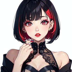 1girl,solo, upper body,looking at viewer, white background, bob cut, short hair, multicolored hair, makeup , parted lips, red lips, eyeliner, ,sansan33