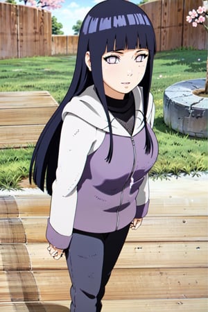 H1N4T4, 1girl, hyuuga hinata, solo, (realistic:0.5), masterpiece, solo, (best quality, perfect detailed, beautifully detailed face, detailed eyes), glistening shiny, ray tracing, DOF, HDR, gradient eyes, sharp eyelashes, ((eyelashes)), mascara, detail_face, eyelashes, shiny hair, flirting, seductive smile, parted lips, medium breasts, (soft particles floating:1.1), ((looking at viewer)), (playmate pose:1.1), (full body:1.1), ((8k wallpaper)), ((highres)), long hair, black hair, white eyes, (pants:1.2), hand on hip, hood, bangs, full body, standing, blurry, looking at viewer, long sleeves, smile, (grassfield:1.4), (tree:1.2), (cherry blossom:1.3), (blue sky:1.3), (sun), 