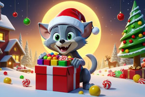 Tom the cat and jerry the mouse from cartoon "Tom and Jerry "is packing New Year's gifts, wearing a Santa hat on his head, around him there are a lot of candies, toys, bright things, THM style, 3d render