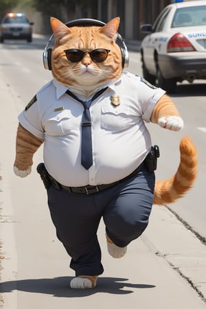 An fat orange cat, wearing a white shirt and pants, wearing a headphone and sunglass, police chasing, more detail XL,Xxmix_Catecat