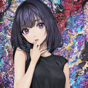 masterpiece, best quality, 1girl, upper body, shirt, black hair, purple eyes, abstract,sansan33