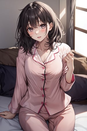 Young woman, gray eyes, medium wavy hair, medium chest,black hair, shoulder length hair, fate/stay background, sitting in bed, cute pijamas, pink clothes, sleepy,HeadpatPOV,sansan33