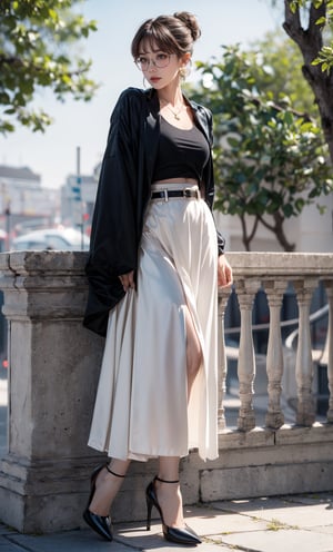 1 woman (full body), (chignon hair:1.3), dark theme, soothing tones, muted colors, high contrast, (natural skin texture, hyperrealism, soft light, sharp), (beautiful location background, flowers, trees), (white hair:1.2), (medium breasts), necklace, earrings, mature woman, expressionless, (wearing shirt with long skirt, wearing high heels, small belt), (grim glasses), best quality, masterpiece, seductive, spotlight, perfect female body, mature_female_face, looking_at_viewer, closed_mouth, bangs, cowboy_shot,sansan33