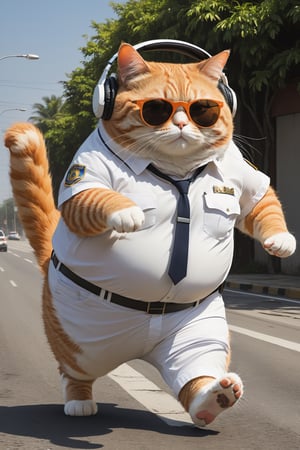 An fat orange cat, wearing a white shirt and pants, wearing a headphone and sunglass, police chasing, more detail XL,Xxmix_Catecat