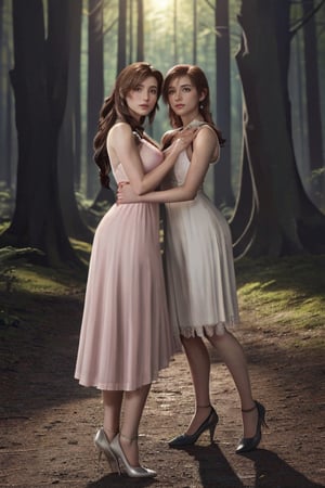 8k portrait, intricate, elegant, highly detailed, full body shot, view from floor, digital photography, (masterpiece, morning sun in the forest, finely detailed beautiful eyes: 1.2), hdr,aerith gainsborough in elegant pink dress knee long, green eyes,tifa lockhart in a elegant white dress, embracing_eachother, hug,sansan33