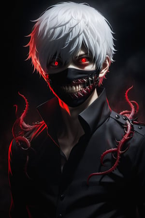 (1boy) portrait, best quality, ultra high res, ultra detailed, black and red, high contrast color tone, extremely detailed lighting, cinematic lighting, soft lights, (masterpiece, high quality:1.4), (kaneki ken, black hair, white hair, red and black eye, mask | teeth, blood eyes, black clothes, scorpio tentacles), , , blood, , black background, thrilling, (fierce face),kaneki ken