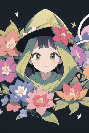 1girl, twin_braid,black hair , little girl, 10 years old, upper body, simple green witch's big hat and green robe, looking at viewer, intricate details, 32k digital painting, hyperrealism, (abstract background:1.3), (colorful:1.3), (flowers:1.2), (zentangle:1.2), (fractal art:1.1), two side up, lips, closed mouth, bangs, upper body, parted bangs, SUPER HIGH quality, in 8K , intricate detail, ultra-detailed,twitch emoji,chibi,genshin chibi emote,cat,full body,sansan33