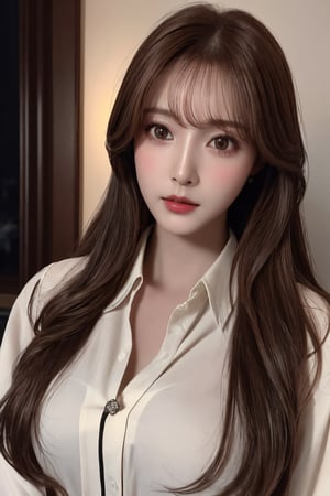 photorealistic, masterpiece, best quality, raw photo, 1girl, medium breasts, long hair, brown hair, collared blouse, looking at viewer, dynamic lighting, in the dark, deep shadow, low key, intricate detail, detailed skin, pore, highres, hdr,sansan33