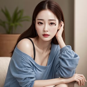 highres,4k,HDR,1girl, photorealistic, realistic,sweat skin, thin face,yangmi,heavy makeup, sitting,looking at viewer, medium breasts,earing