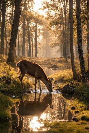 Photorealistic image of a serene forest at dawn, with the first rays of sunlight piercing through the mist and casting long shadows. A deer is quietly drinking from a stream, its reflection clear in the water. The image should be highly detailed, high definition, 4k, with a focus on the play of light and shadow and the tranquility of the scene.