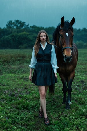 cinematic film still a woman in a short skirt and a shirt next to a horse in the rain with a horse behind her, Artur Tarnowski, fashion photography, a photorealistic painting, romanticism . shallow depth of field, vignette, highly detailed, high budget, bokeh, cinemascope, moody, epic, gorgeous, film grain, grainy