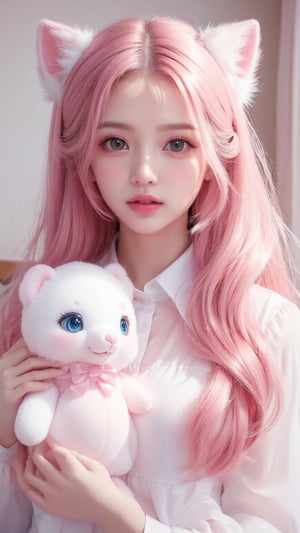 Adorable kawaii anime girl with pink hair, big sparkly eyes, holding a plush toy, pastel colors, soft lighting, by Sakimichan and Nekopara team, digital painting style,csgirl