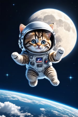 A tiny, fluffy kitten clad in a miniature astronaut suit floats mid-air, defying gravity as it soars towards the vast, glowing moon. The kitten's oversized helmet and gloves make it look like a pint-sized space explorer. Stars twinkle like diamonds against the dark blue sky, while puffy white clouds drift lazily by. In the distance, the big, bright moon casts an ethereal glow on the kitten's suit. Its tiny paws and ears are outstretched as if embracing the cosmos.