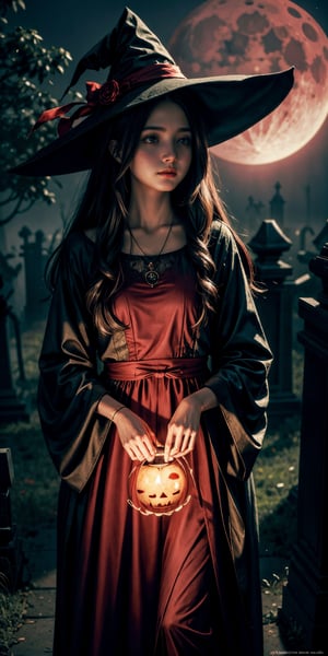 A hauntingly beautiful illustration of a witch standing in a spooky graveyard under a blood-red moon. witch hat, The scene should be cinematic with Jack-o-lantern shining. The witch should be portrayed with fine details and realistic shading. The artwork should be in a high resolution and digitally painted by renowned artists like Luis Royo and Jasmine Becket-Griffith. The overall composition should evoke a sense of mystery and enchantment.,bul4n