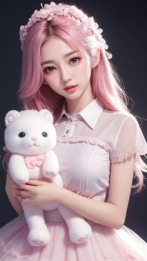 Adorable kawaii anime girl with pink hair, big sparkly eyes, holding a plush toy, pastel colors, soft lighting, by Sakimichan and Nekopara team, digital painting style,csgirl