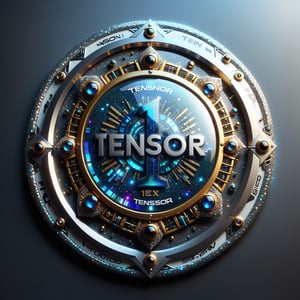 generate a modern badge made of glass, with text "1 TENSOR.ART", high detail, futuristic, aeshtetic and beautifull, glitter,cyborg style