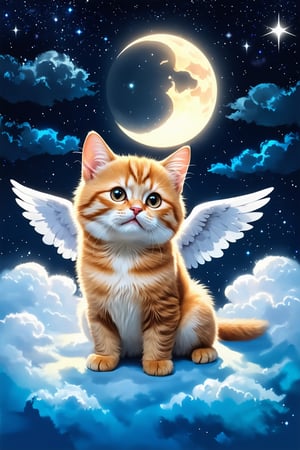 potrait of winged kitten sitting on the clouds. a moon and stars in the night sky, ethereal cutie, fantasy, mystical sky