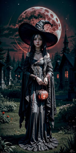A hauntingly beautiful illustration of a witch standing in a spooky graveyard under a blood-red moon. witch hat, The scene should be cinematic with Jack-o-lantern shining. The witch should be portrayed with fine details and realistic shading. The artwork should be in a high resolution and digitally painted by renowned artists like Luis Royo and Jasmine Becket-Griffith. The overall composition should evoke a sense of mystery and enchantment., no humans,bul4n