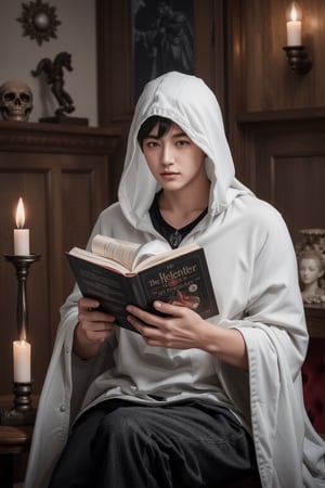 solo, 1boy, holding, sitting, male focus, indoors, hood, book, fire, cloak, hood up, holding book, skull, open book, reading, candle, hooded cloak, black cloak, candlestand