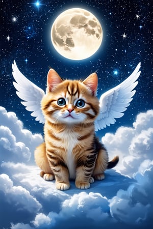 potrait of winged kitten sitting on the clouds. a moon and stars in the night sky, ethereal cutie, fantasy, mystical sky