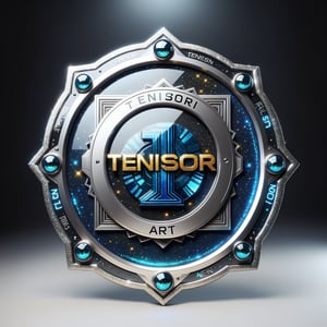 generate a modern badge made of glass, with text "1 TENSOR.ART", high detail, futuristic, aeshtetic and beautifull, glitter,cyborg style