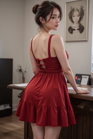 Realistic photography, short hair woman ,red dress , office room